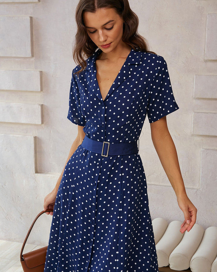 Geovari | Blue Polka-Dot Belted Midi Dress