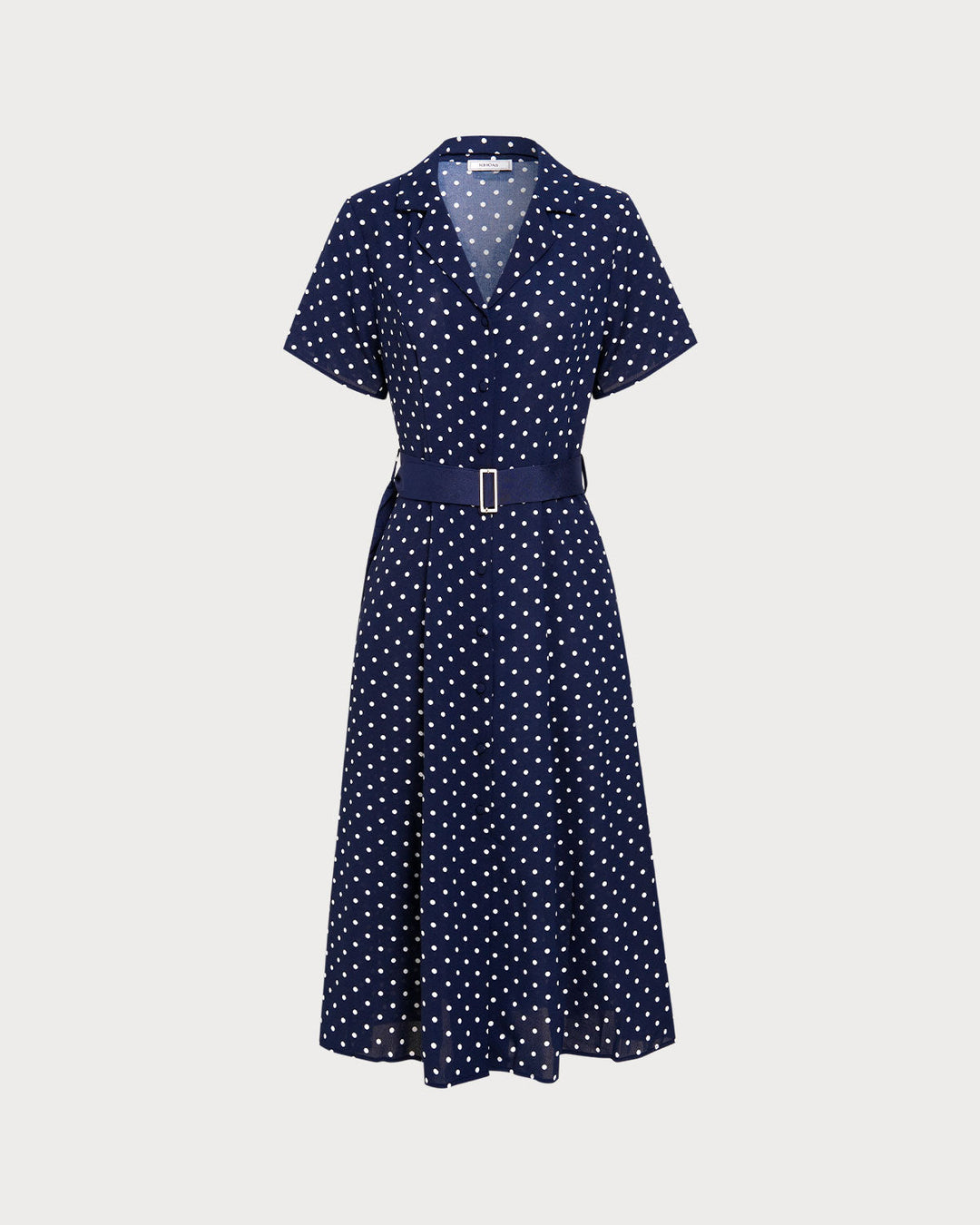 Geovari | Blue Polka-Dot Belted Midi Dress