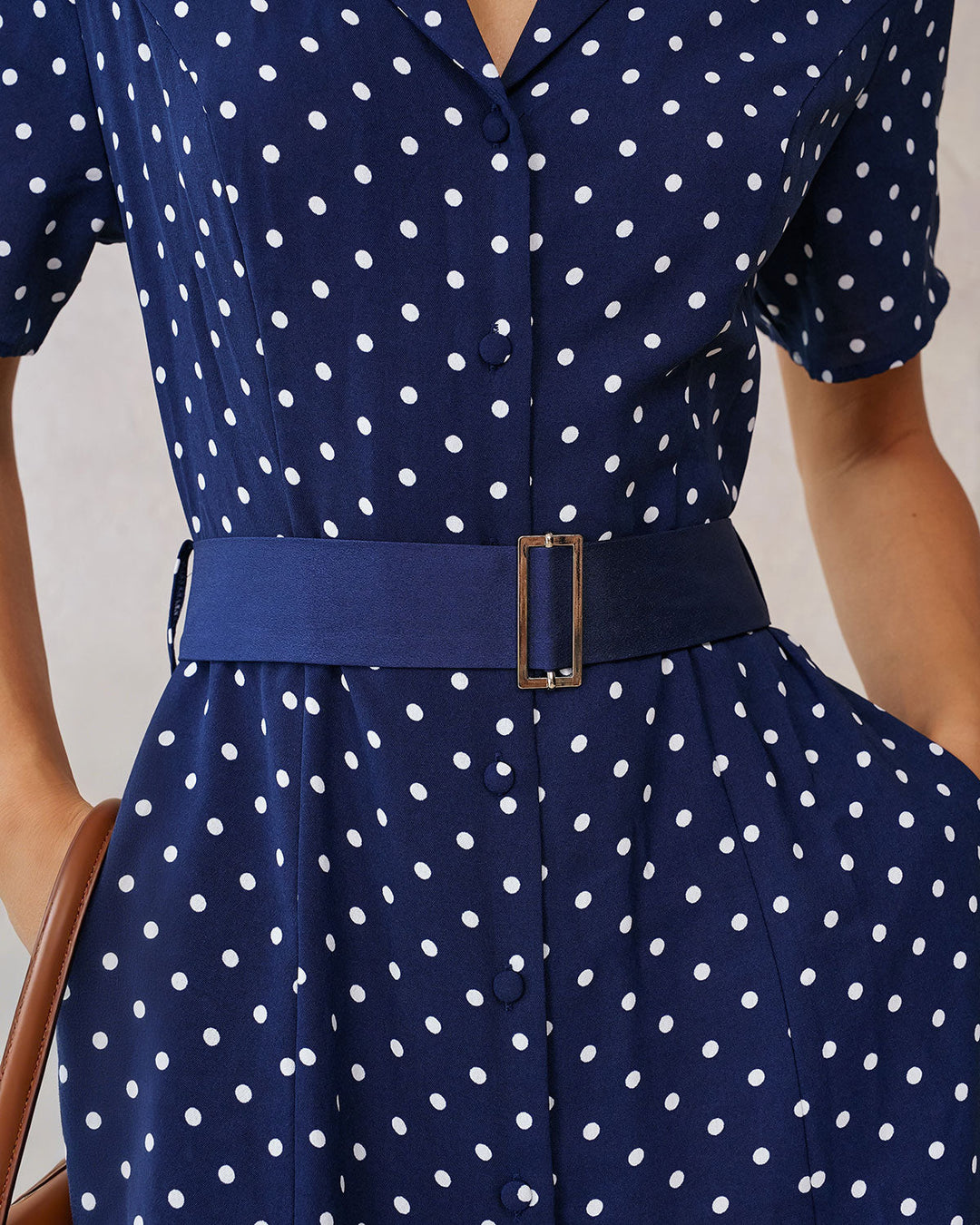 Geovari | Blue Polka-Dot Belted Midi Dress
