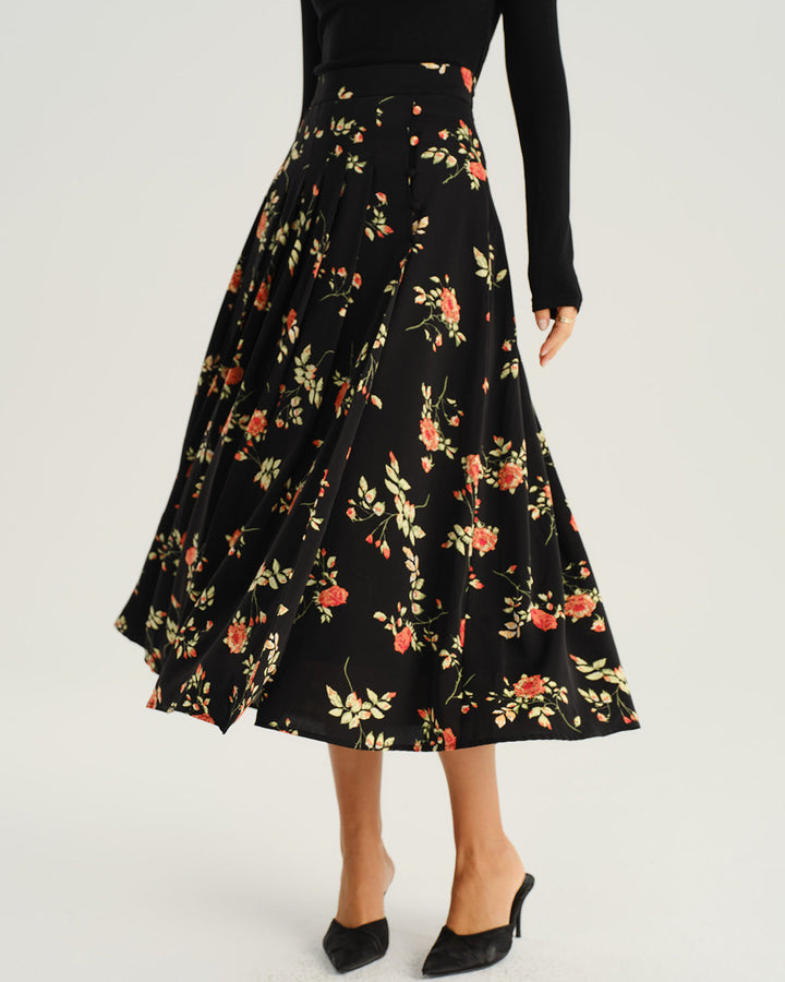 Geovari | Black Floral A-Line Midi Skirt