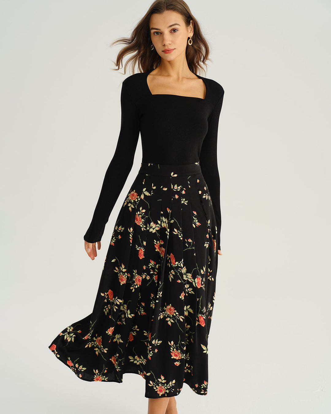 Geovari | Black Floral A-Line Midi Skirt