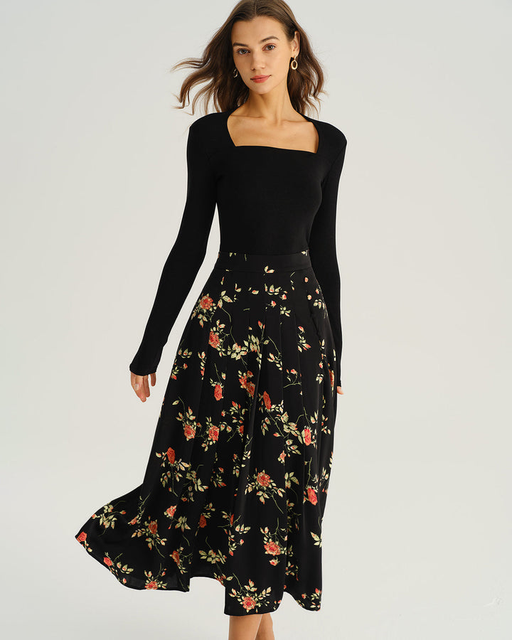 Geovari | Black Floral A-Line Midi Skirt