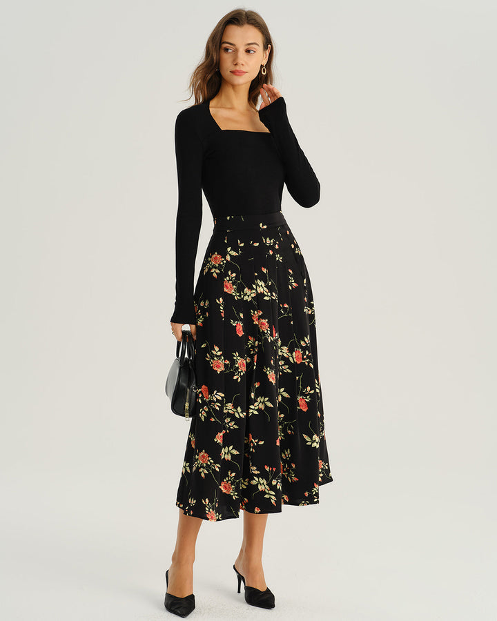 Geovari | Black Floral A-Line Midi Skirt