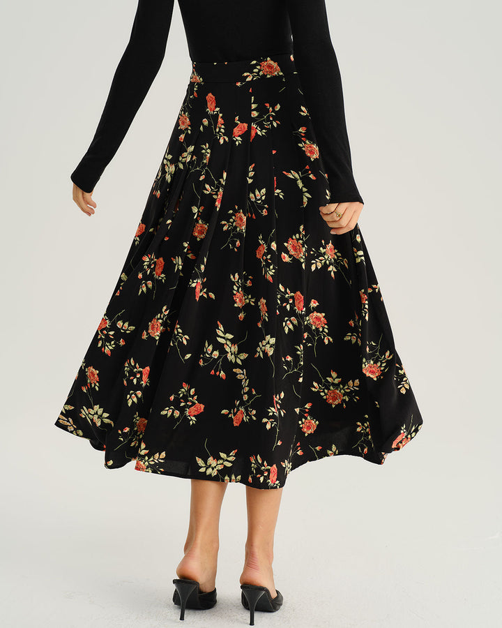 Geovari | Black Floral A-Line Midi Skirt